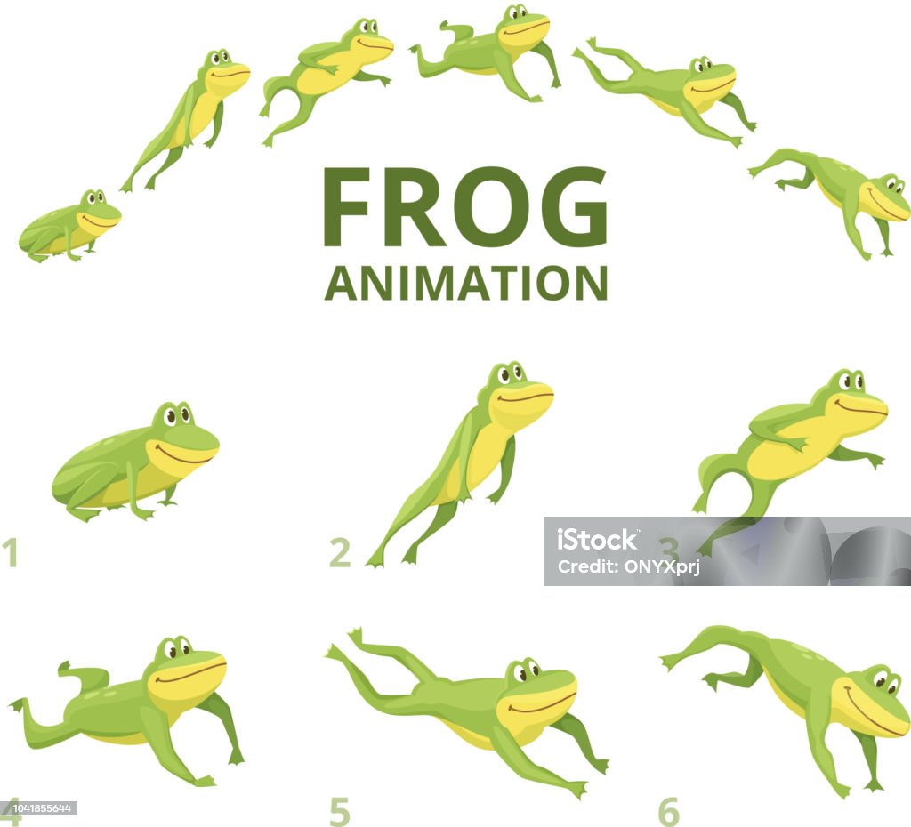 Grenouille qui saute animation. Différentes images clés pour l’animal vert - clipart vectoriel de Grenouille libre de droits