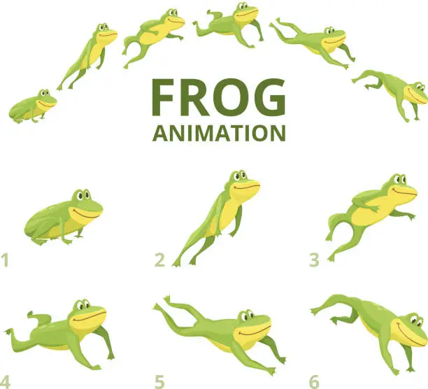 Vector illustration of Frog jumping animation. Various keyframes for green animal