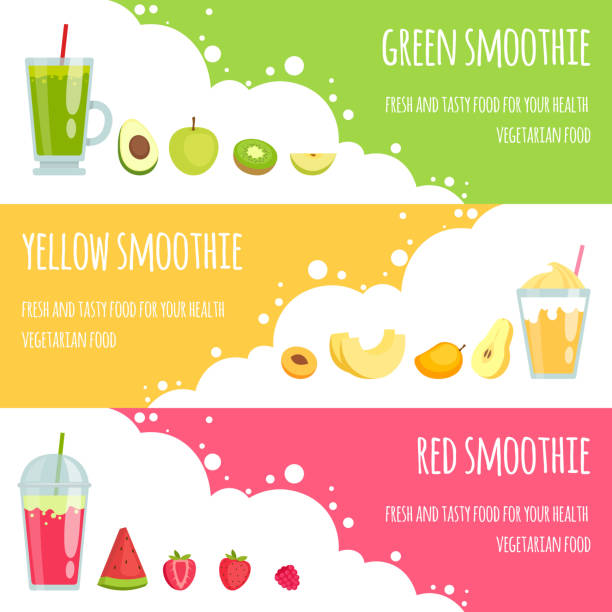 여름의 스무디 다양 한 스무디 음료의 수평 배너 - backgrounds banana berry fruit blended drink stock illustrations