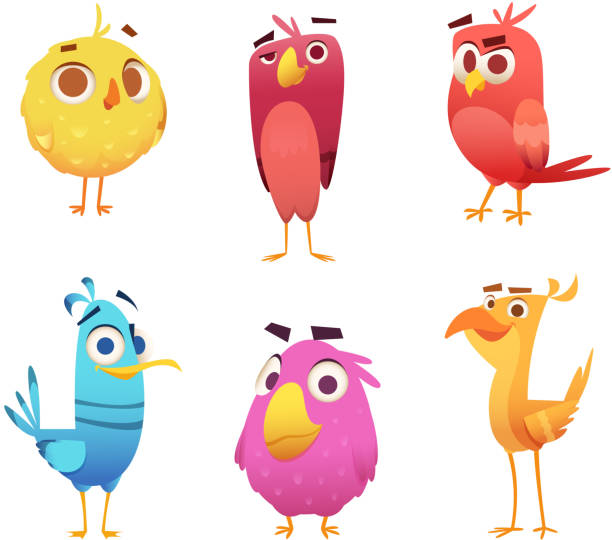 ilustraciones, imágenes clip art, dibujos animados e iconos de stock de aves enojado de la historieta. pollo águilas canarias caras de animales y plumas de vectores personajes del juego de pájaros de colores - eagles