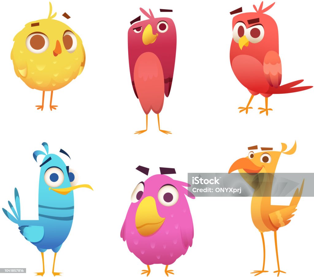 Angry cartoon birds. Chicken eagles canary animal faces and feathers vector game characters of colored birds Angry cartoon birds. Chicken eagles canary animal faces and feathers vector game characters of colored birds. Illustration of color bird animal Bird stock vector