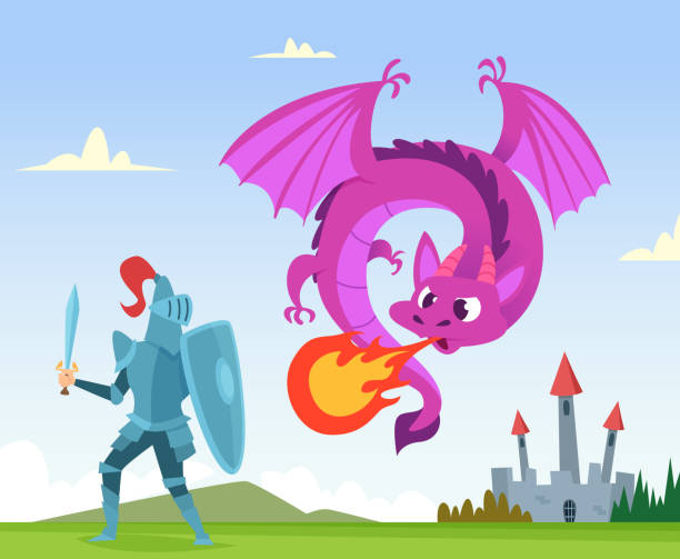 드래곤 싸움입니다. 야생 동화 판타지 생물 수 륙 양용 날개 성 공격으로 큰 화 염 벡터 배경 일러스트 - dragon fantasy knight warrior stock illustrations