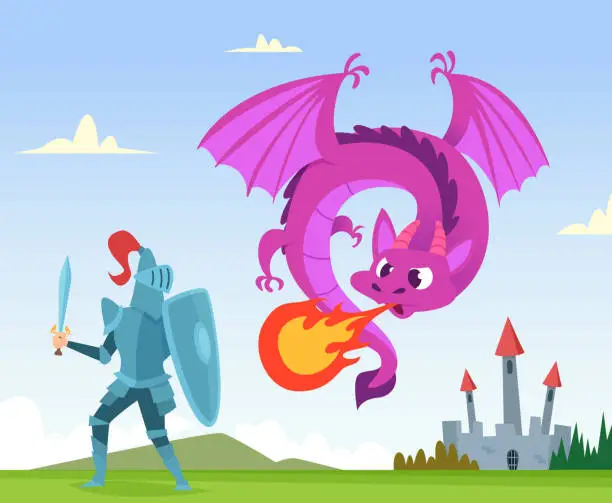 Vector illustration of Dragon fighting. Wild fairytale fantasy creatures amphibian with wings castle attack with big flame vector background illustration