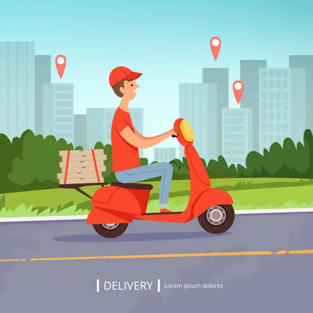 Vector illustration of Delivery pizza background. Fresh food fast delivery man red motorcycle perfect business service urban landscape. Vector picture