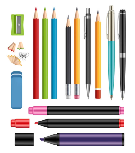 ручка и карандаши. офисные канцелярские школьные цветные предметы образования помогают вектору 3d реалистичной коллекции пластиковых кара - ruler ballpoint pen pen isolated stock illustrations