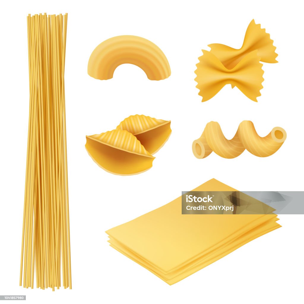 Die Pasta ist realistisch. Italienisches Essen Farfalle Fusilli Teigwaren Kochen Zutaten Vektor-Bilder der traditionellen Küche - Lizenzfrei Spaghetti Vektorgrafik
