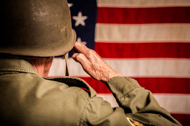 senior adulte usa forces armées militaires avec le drapeau américain. - veteran senior adult saluting armed forces photos et images de collection