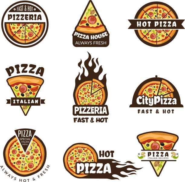 1807.m20.i428.n023.P.c25.548979361 Pizza labels. Pizzeria logo design italian cuisine pie food ingredients vector colored badges template Pizza labels. Pizzeria logo design italian cuisine pie food ingredients vector colored badges template. Badge of pizzeria italian, label menu illustration pics for pizza pizza logo stock illustrations