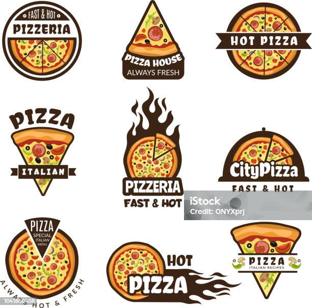 1807m20i428n023pc25548979361 Pizza Labels Pizzeria Logo Design Italian Cuisine Pie Food Ingredients Vector Colored Badges Template Stock Illustration - Download Image Now