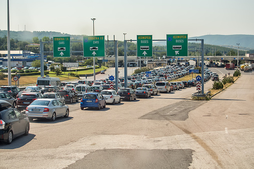 Thessaloniki, Greece - August 8, 2018: A traffic jam at the Greek border crossing