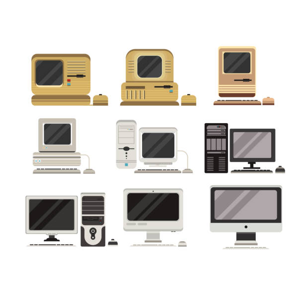 Computers set, PC evolution from obsolete to modern vector Illustrations on a white background Computers set, PC evolution from obsolete to modern vector Illustrations isolated on a white background. outdated technology stock illustrations