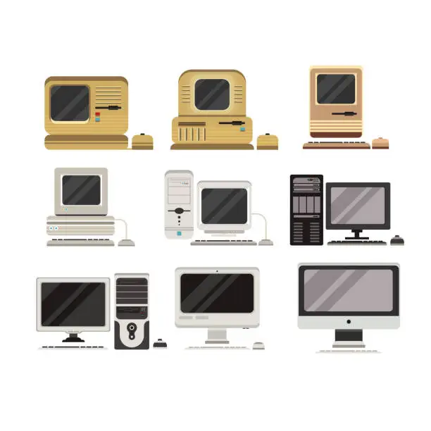 Vector illustration of Computers set, PC evolution from obsolete to modern vector Illustrations on a white background