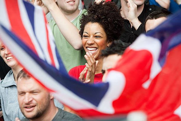 uk supporters with flag - sport fan football soccer 뉴스 사진 이미지