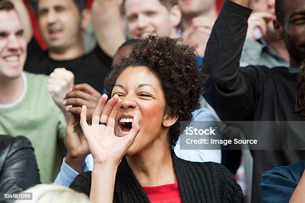 Shouting Woman At Football Match Stock Photo - Download Image Now - Fan - Enthusiast, Cheering, Soccer