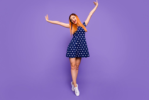 Emotion expression people person concept. Full length body size photo portrait of pretty beautiful rejoicing cute satisfied lady having good mood raising hands up isolated bright vivid background