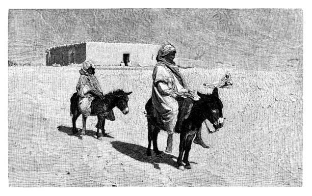 Father and son riding donkeys in the desert - Scanned 1882 Engraving