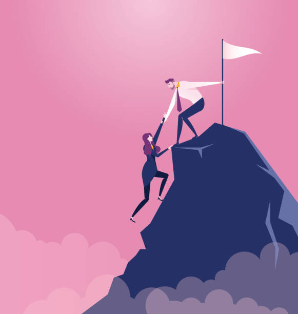 ilustrações de stock, clip art, desenhos animados e ícones de businessman pulls partner to the top of mountain - business concept vector - leadership risk cliff mountain climbing