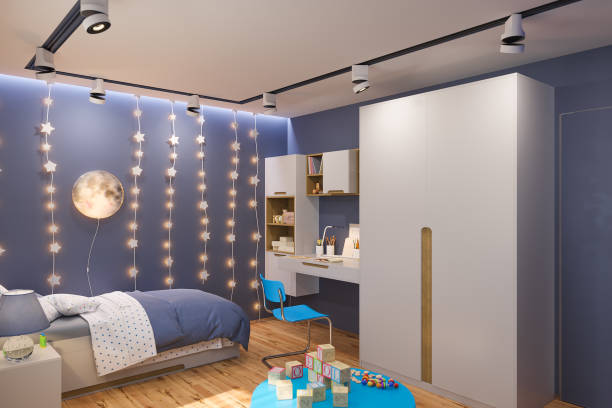3d render of the children's bedroom interior in deep blue color. stock photo
