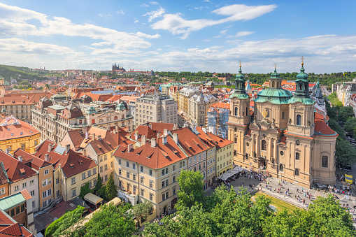 View over central Prague, old town (Stare Mesto) district. On the right is St Nicholas Church, completed in 1737.