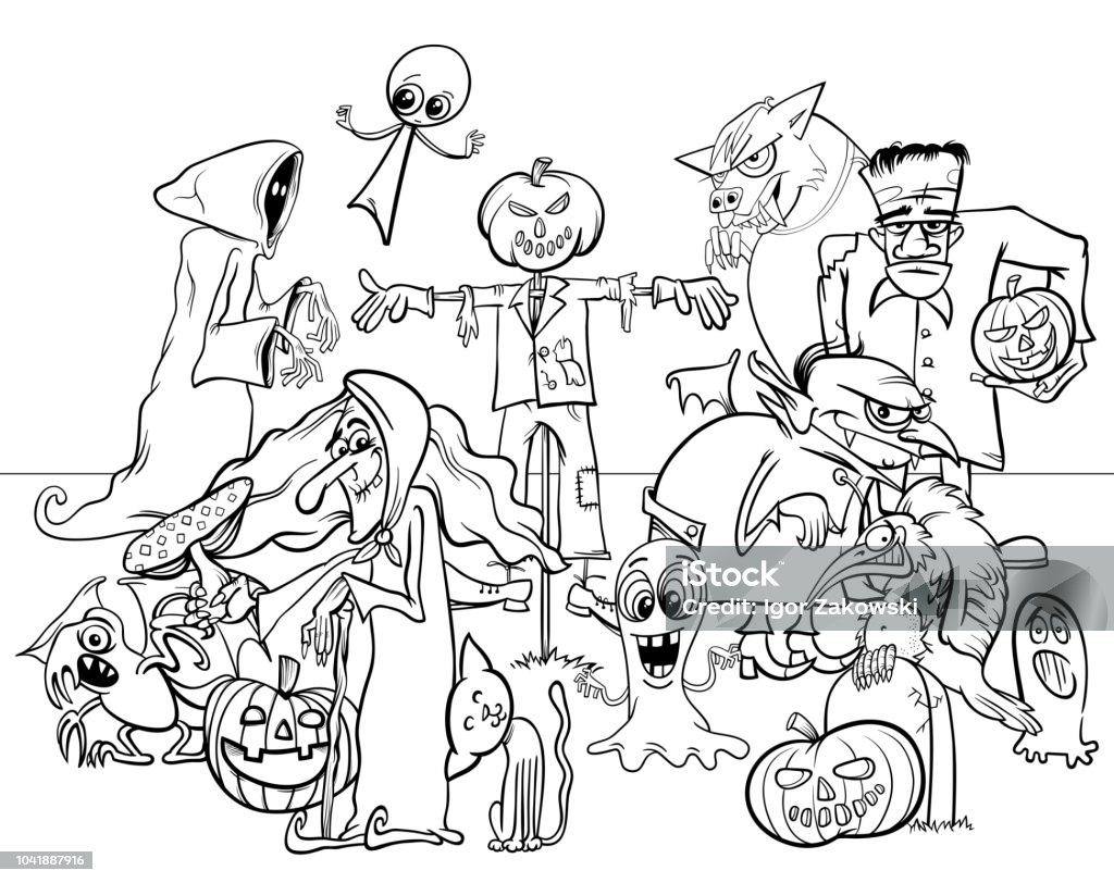 Halloween holiday cartoon scary characters coloring book Black and White Cartoon Illustration of Halloween Holiday Spooky Characters Group Coloring Book Coloring Book Page - Illlustration Technique stock vector