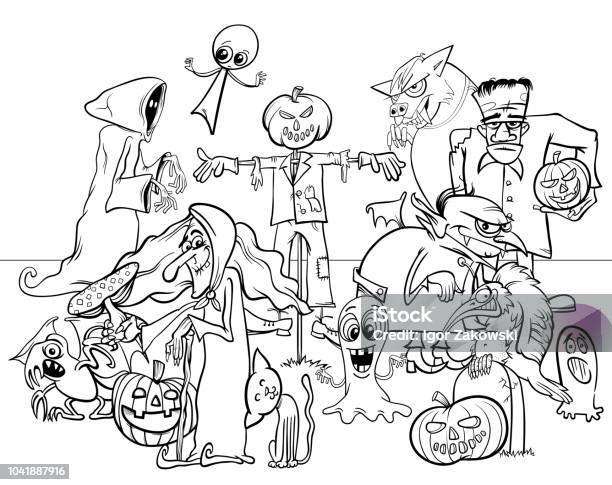 Halloween Holiday Cartoon Scary Characters Coloring Book Stock Illustration - Download Image Now