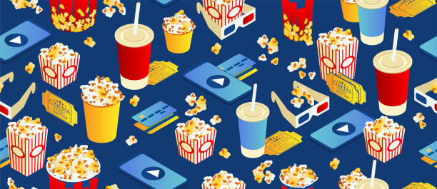 seamless pattern on blue background. Popcorn, cola, 3d movie eyeglasses and movie tickets. Bright interesting texture. Isometric 3d seamless pattern on blue background. Popcorn, cola, 3d movie eyeglasses and movie tickets. Bright interesting texture. Isometric 3d seamless wallpaper video stock illustrations