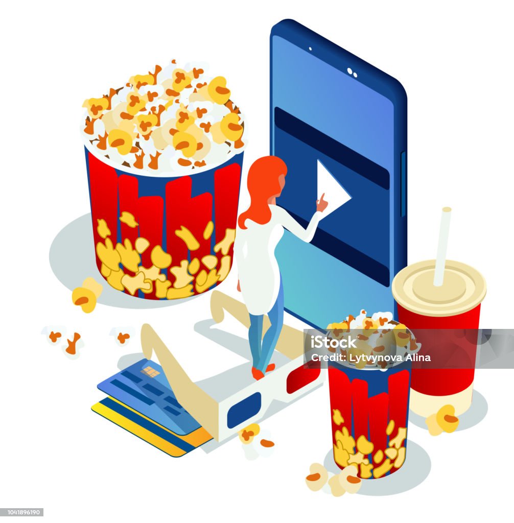 Watch Movies Online The Girl Clicks On The Button On The Smartphone Popcorn  And Soda Isometric 3d Stock Illustration - Download Image Now - iStock