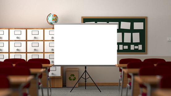 Classroom with projector screen, table, chairs, panel and school cabinet.