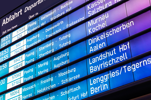 Creative abstract business travel and railway transportation concept: railroad departure and arrival board with train timetable in Germany