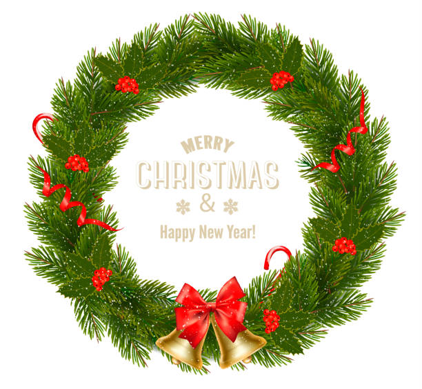 istock Christmas Wreath with colorful ribbons, balls and bow. Vector illustration 1041914902