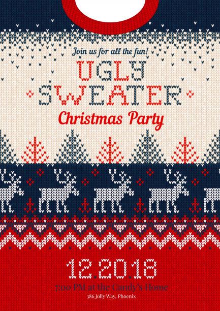 уродливый свитер рождественская вечеринка пригласить, трикотажные фон шаблон скандинавских орнаментов - ugly sweater stock illustrations