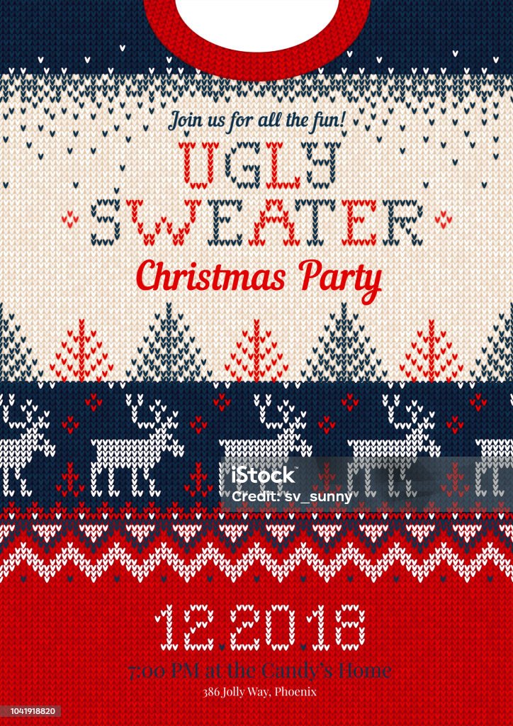 Ugly sweater Christmas party invite, knitted background pattern scandinavian ornaments Ugly sweater Christmas party invite. Vector illustration Handmade knitted background pattern with deers, christmas tree and snowflakes, scandinavian ornaments. White, red, blue colors. Flat style Christmas stock vector