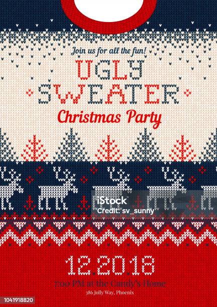 Ugly Sweater Christmas Party Invite Knitted Background Pattern Scandinavian Ornaments Stock Illustration - Download Image Now
