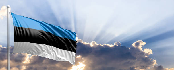 istock Estonia flag on blue sky. 3d illustration 1041923766