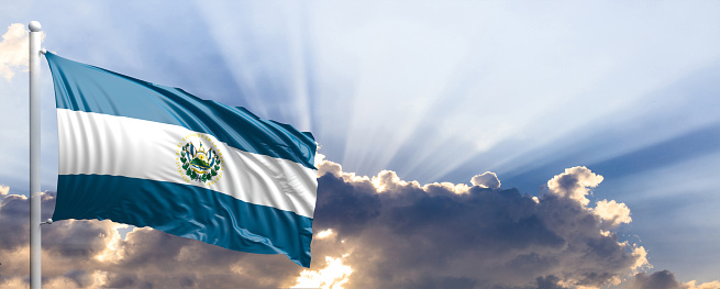 El Salvador waving flag on blue sky. 3d illustration