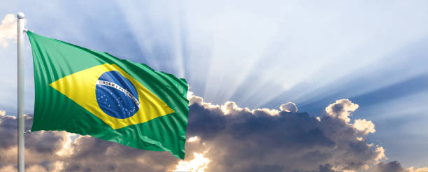 istock Brazil flag on blue sky. 3d illustration 1041923880