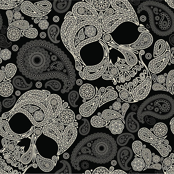pattern with skull and paisley vector art illustration