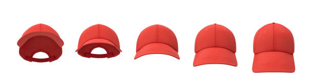 3d rendering of five red baseball caps shown in one line in a front view but in different angles. stock photo