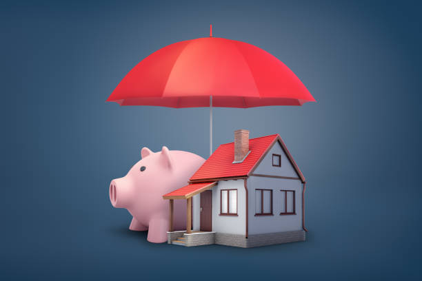 renderização 3d de guarda-chuva aberta vermelho cobre um cofrinho rosa grande e uma pequena casa em um fundo azul. - security umbrella rain currency - fotografias e filmes do acervo