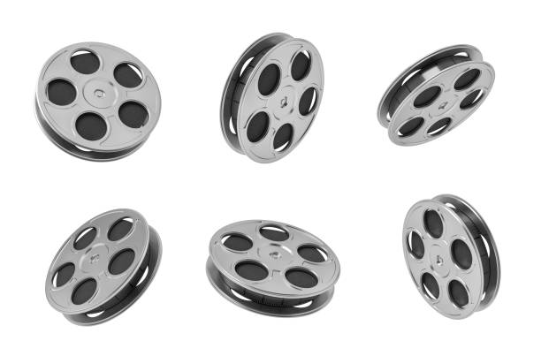 3d rendering of six black movie tape reels in different angles on white background. 3d rendering of six black movie tape reels in different angles on white background. Old school cinema. First movies. Motion picture. film negative roll stock pictures, royalty-free photos & images