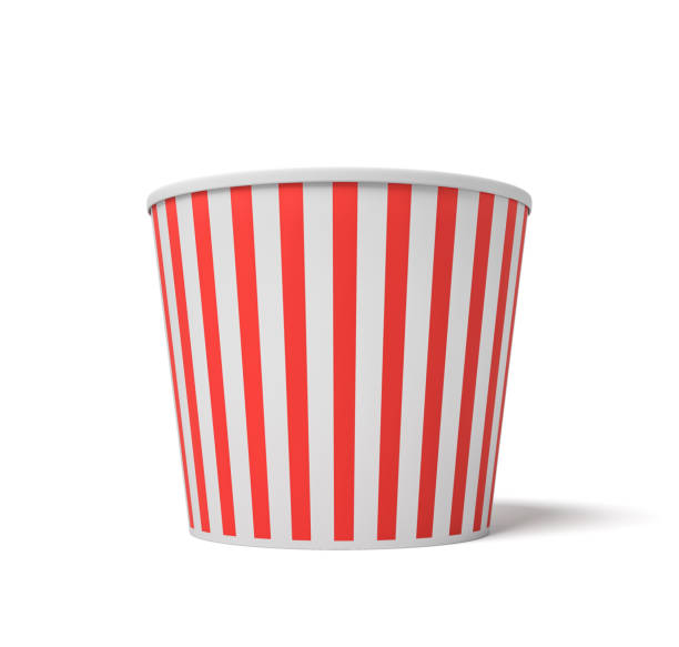 istock 3d rendering of a large popcorn bucket with red and white stripes standing completely empty on a white background. 1041930190