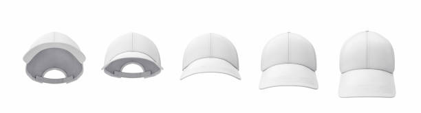 3d rendering of five white baseball caps shown in one line in a front view but in different angles. 3d rendering of five white baseball caps shown in one line in a front view but in different angles. Different baseball caps. Sport headwear. Baseball cap visor. white cap stock pictures, royalty-free photos & images