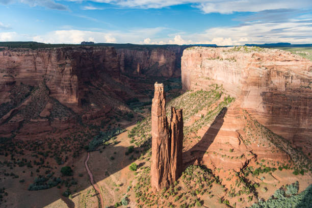 istock View of tall red rock spire in dramatic evening light in a deep canyon 1041934238