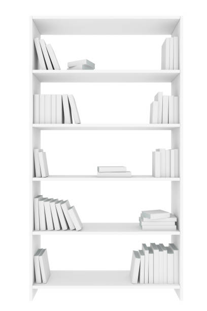 white bookcase with many white books isolated - book book spine in a row library imagens e fotografias de stock