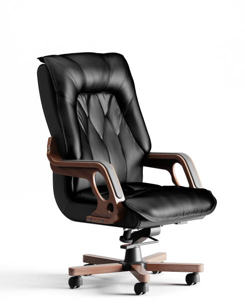 Executive Office Chair Isolated on White Background Digitally generated fancy executive chair (office chair) with  natural black leather combined with natural wooden elements, isolated on white background.

The scene was rendered with photorealistic shaders and lighting in Autodesk® 3ds Max 2016 with V-Ray 3.6 with some post-production added. office chair stock pictures, royalty-free photos & images