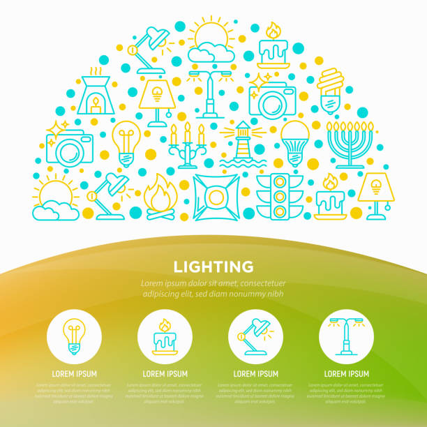 illustrazioni stock, clip art, cartoni animati e icone di tendenza di concetto di illuminazione a mezzo cerchio con icone di linea sottile: lampadina, led, cfl, candela, lampada da tavolo, luce del sole, riflettore, flash, candelabro, falò, menorah, faro. illustrazione vettoriale, modello di pagina web. - night table flash