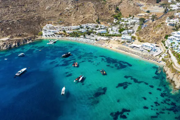 Aerial view to the famous celebrity beach of Psarou on the island of Mykonos, Cyclades, Greece