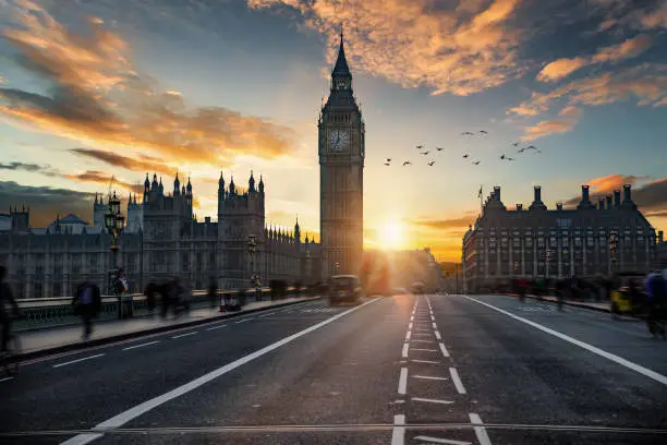 Sunset behind the Big Ben clocktower and Westminster bridge in London, United Kingdom
