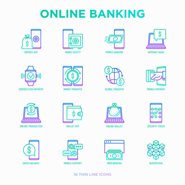 online-banking-dünne linie symbole satz: kaution app, geld sicherheit, internet-bank, kontaktloses bezahlen, kreditkarte, online-transaktion, gleichgewicht, mobile unterstützung, blockchain zu überprüfen. vektor-illustration. - elektronisches banking stock-grafiken, -clipart, -cartoons und -symbole