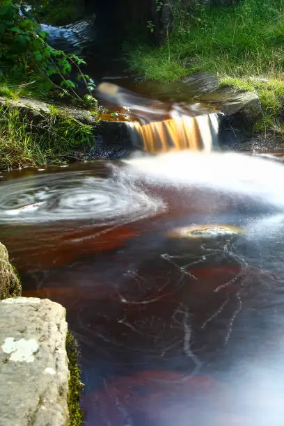 Long exposure image of a moorland stream flowing on ilkley moor Yorkshire UK